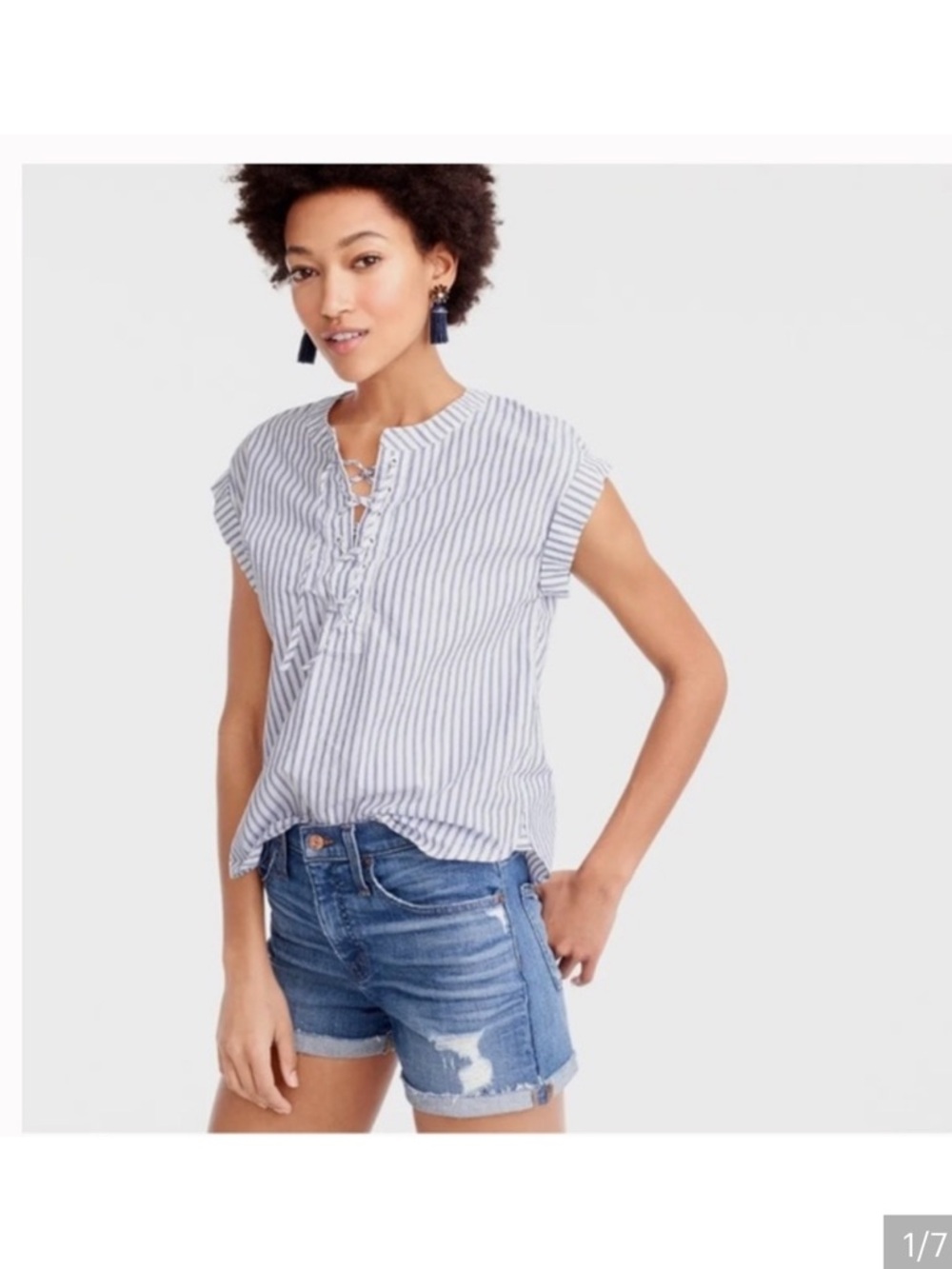 J. Crew Blue & White Lace-Up Stripe Cap Sleeve Top